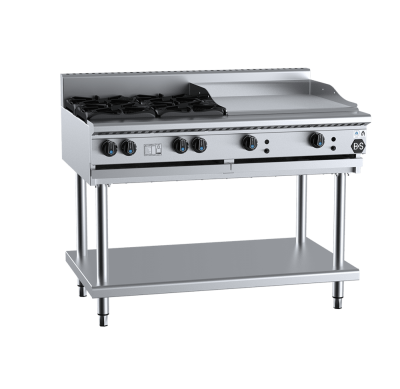 B+S Black BT-SB4-GRP6 Gas Combination Four Open Burners & 600mm Grill Plate on Stand